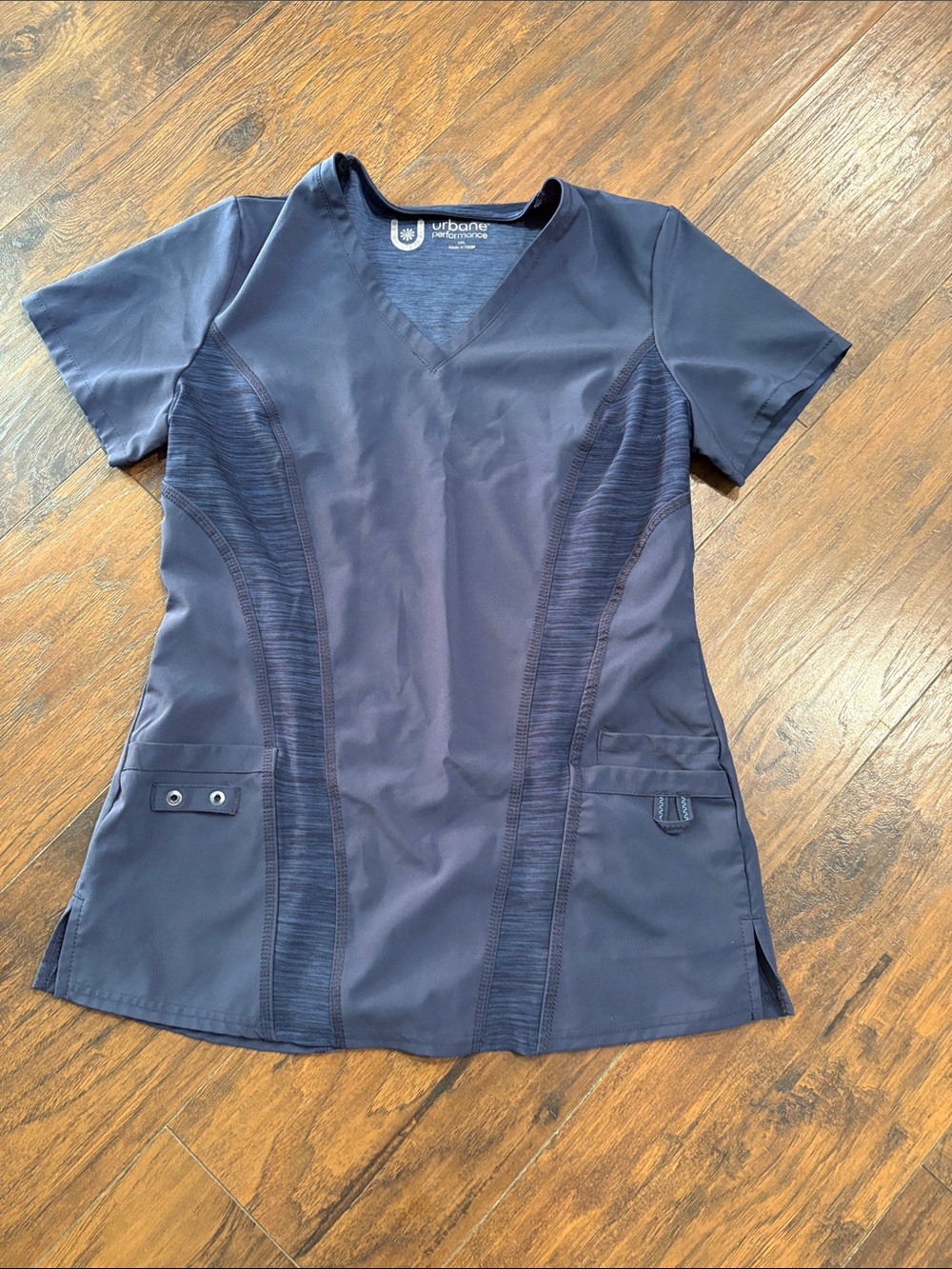 Urbane Navy V-Neck Short Sleeve Medical Top with Textured Panels